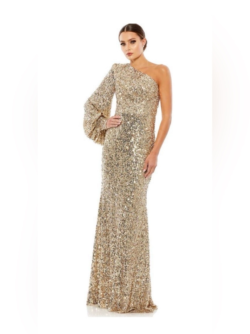 Mac Duggal Gold One-Shoulder Sequin Gown